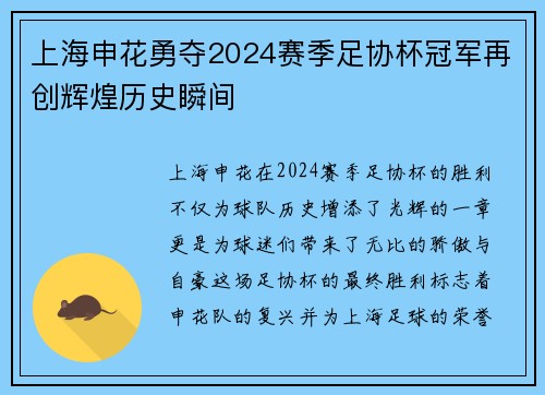 上海申花勇夺2024赛季足协杯冠军再创辉煌历史瞬间 上海申花勇夺2024赛季足协杯冠军再创辉煌历史瞬间